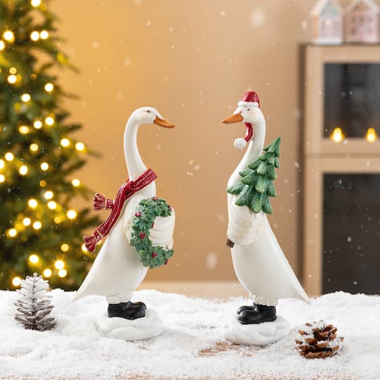 Glitzhome® Set of 2 Christmas Resin Goose with Wreath and Tree Table Decor
